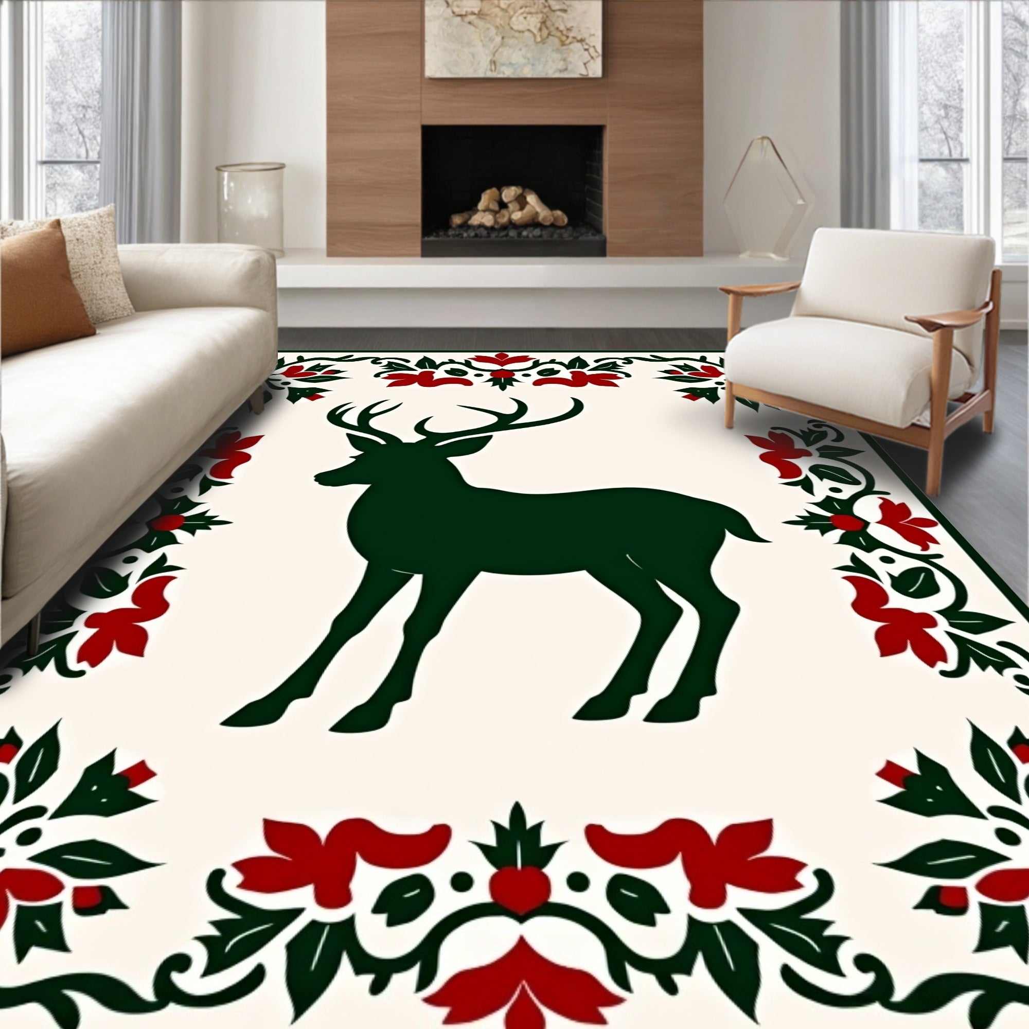 Emerald Deer with Red Floral Border Rug