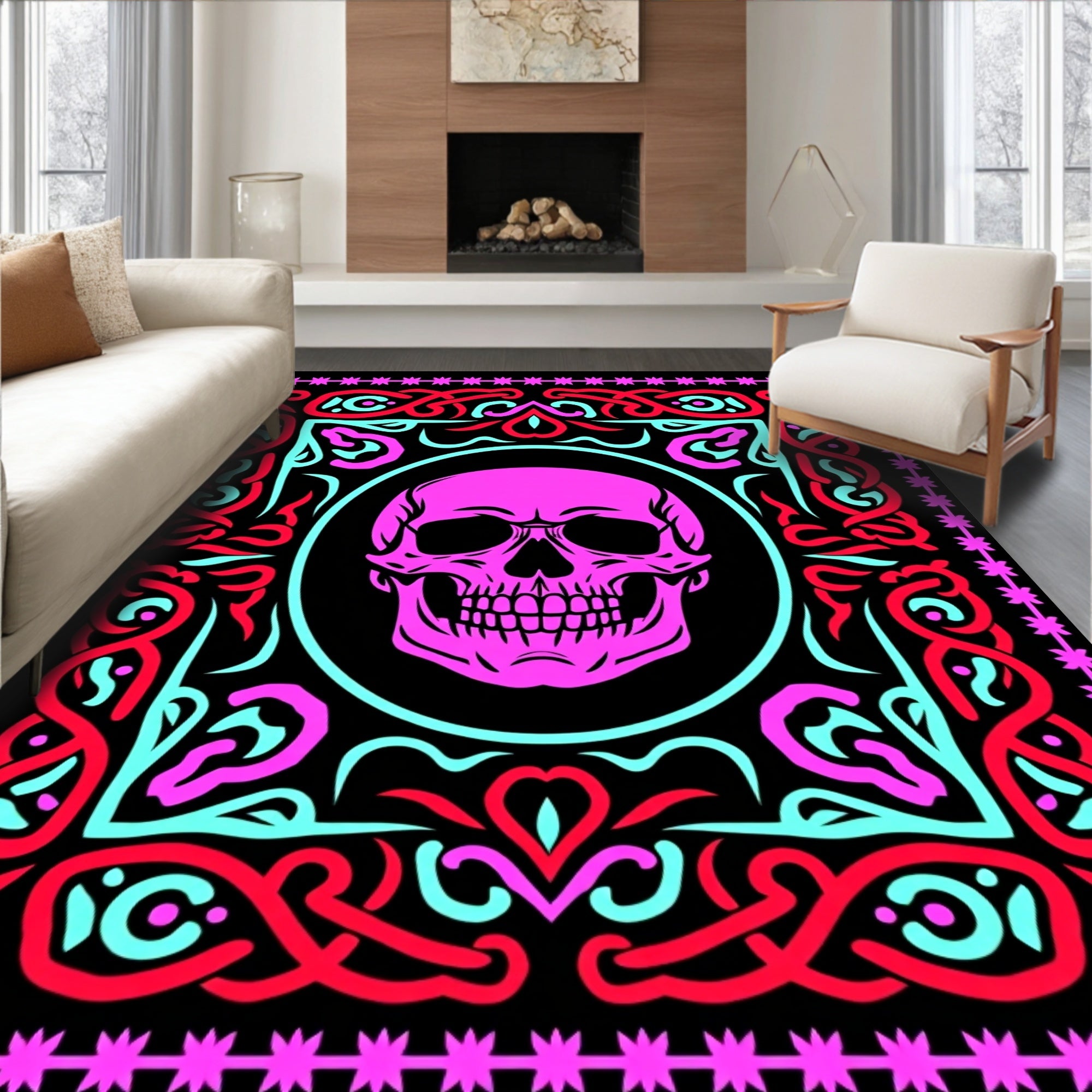 Vibrant Pink Skull Celtic Border Rug