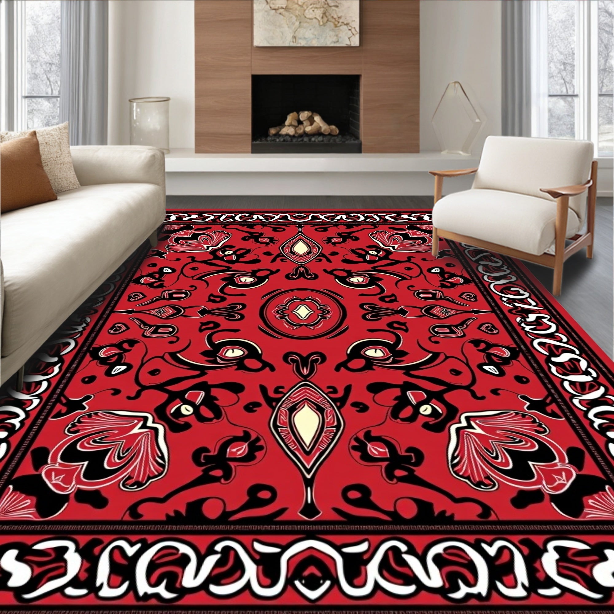 Bold Red Floral Medallion Border Rug
