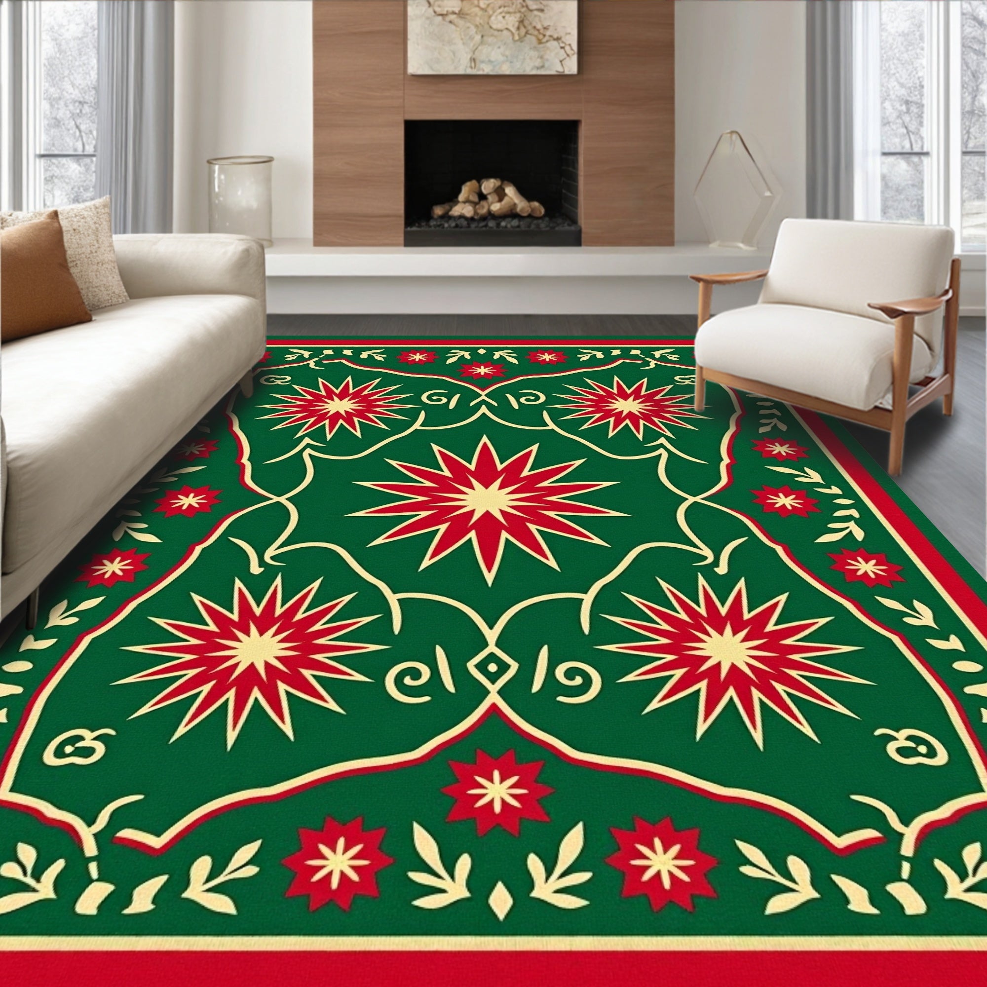 Festive Green Red Starburst Medallion Rug