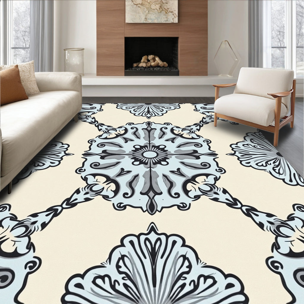 Light Blue Scrollwork Damask Medallion Rug