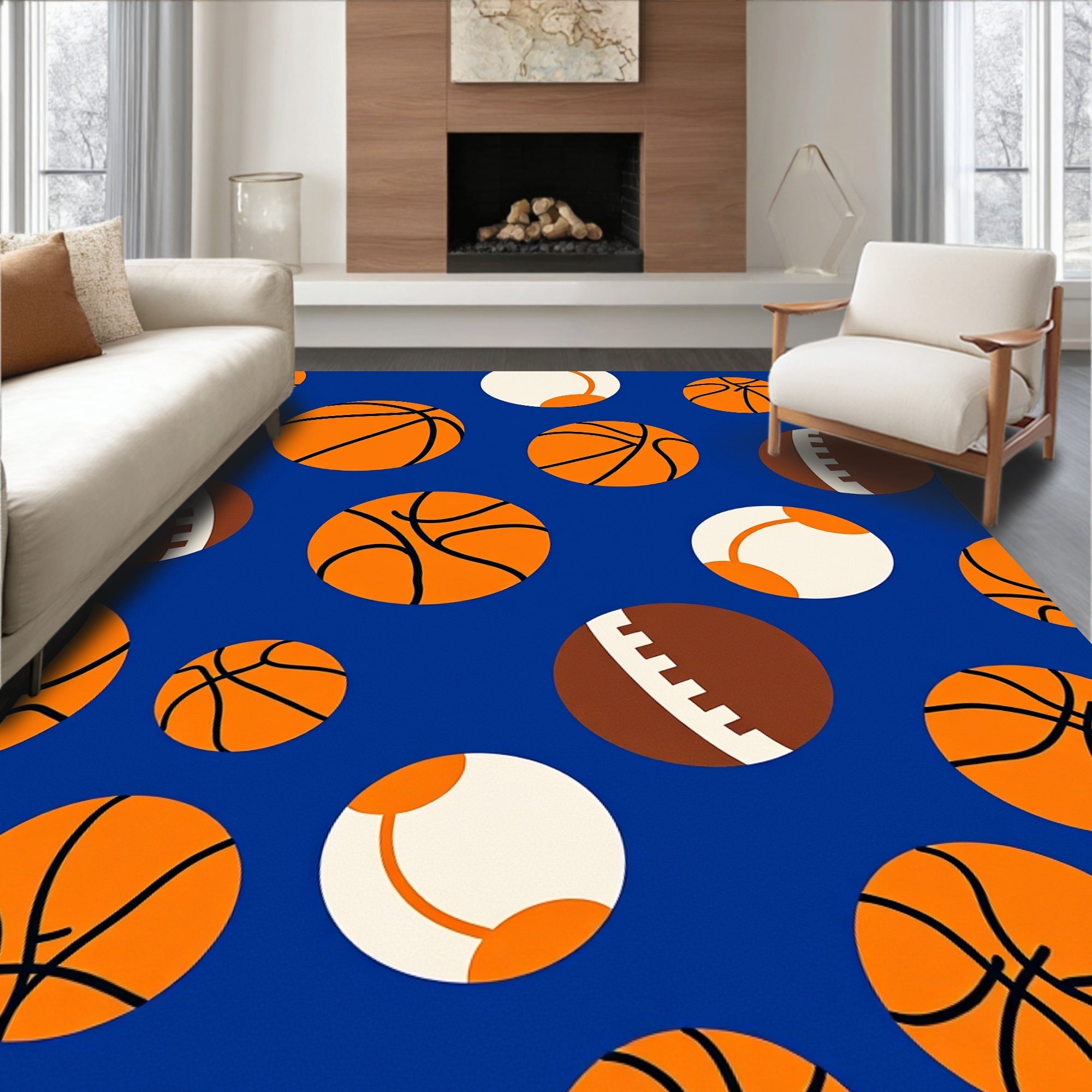 Orange Blue Sports Balls Scatter Rug