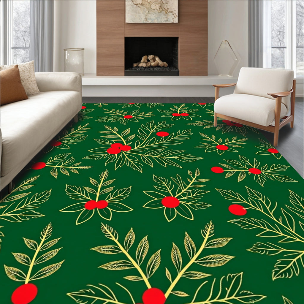 Green Red Holly Branch Botanical Rug