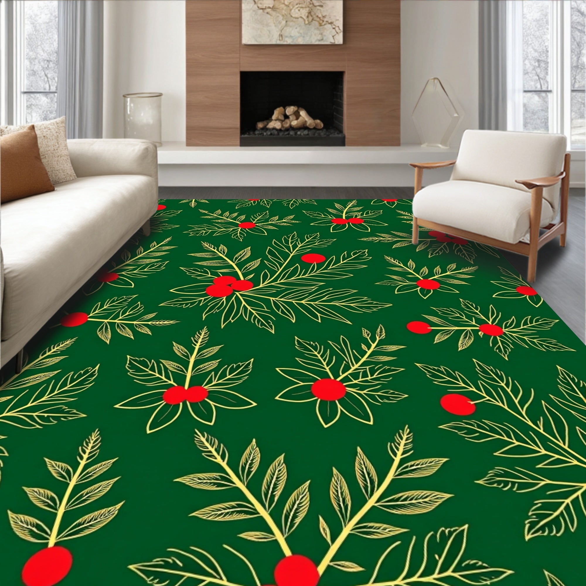 Green Red Holly Branch Botanical Rug