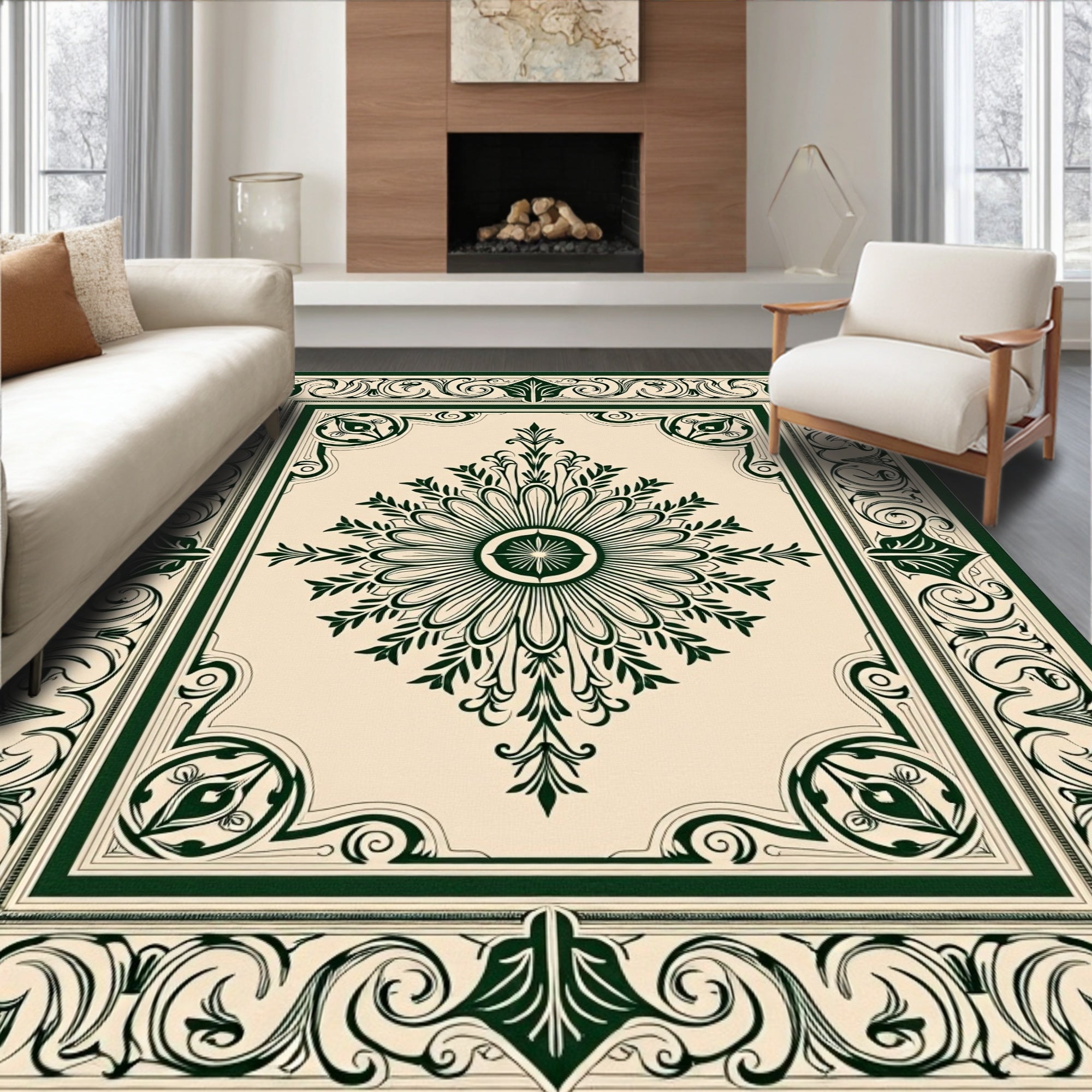 Forest Green Blooming Sunburst Frame Rug