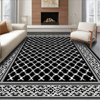 Bold Black White Geometric Medallion Border Rug