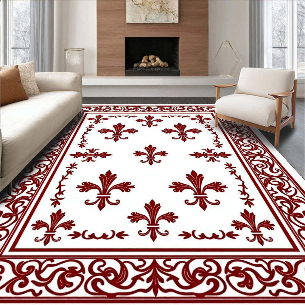 Deep Red Fleur-de-lis Scroll Border Rug