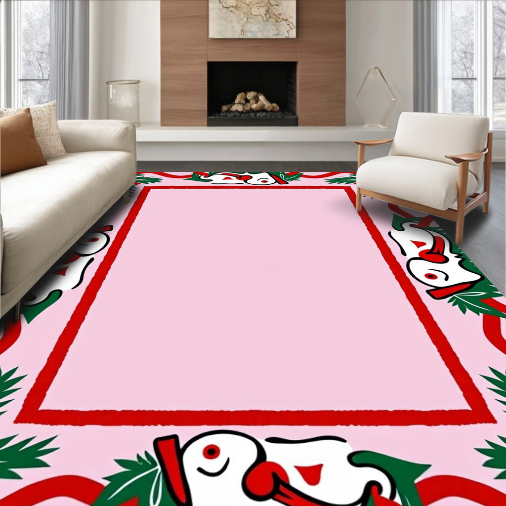 Whimsical Red Green Character Border Rug
