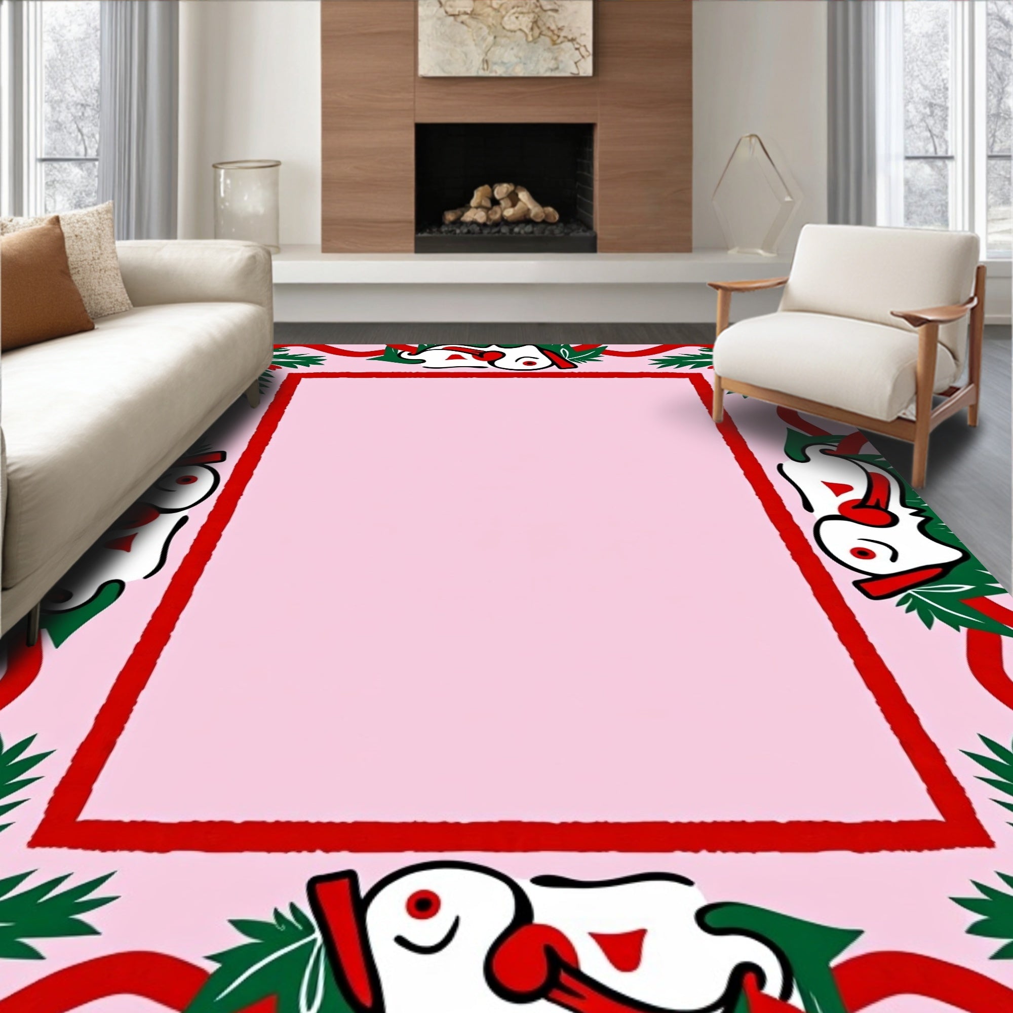 Whimsical Red Green Character Border Rug