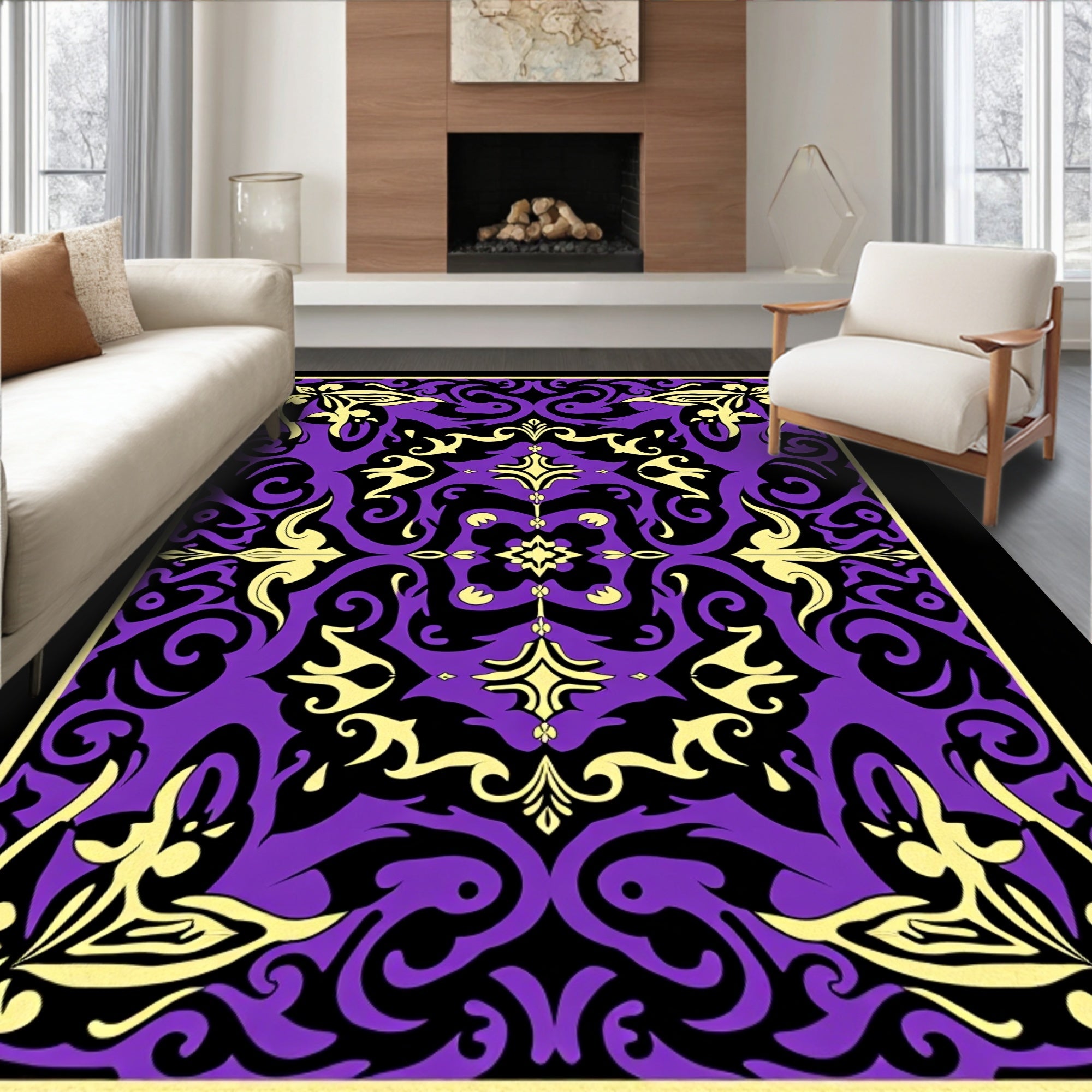 Purple Yellow Black Ornate Filigree Medallion Rug