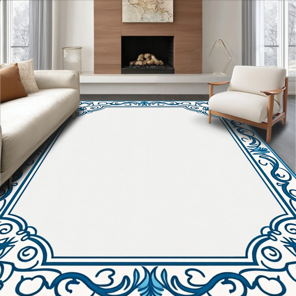 Classic Blue Floral Scroll Border Rug