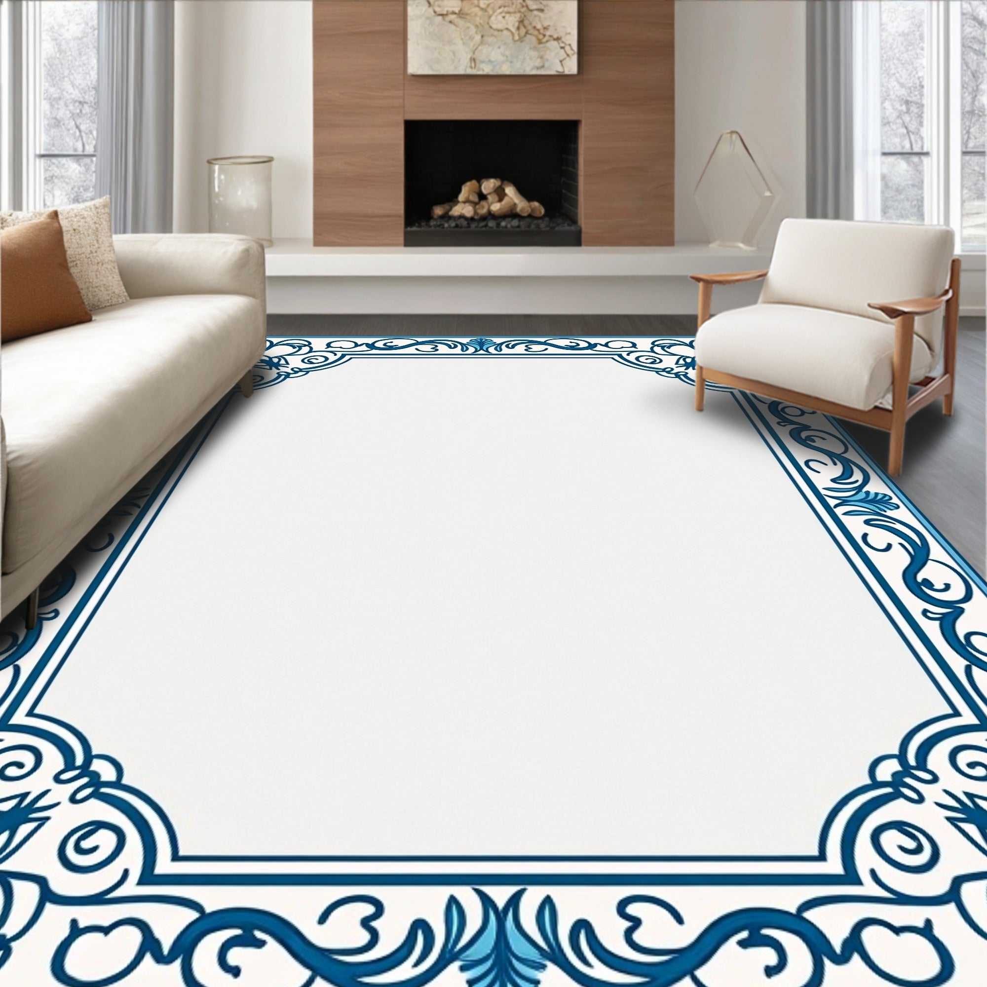 Classic Blue Floral Scroll Border Rug