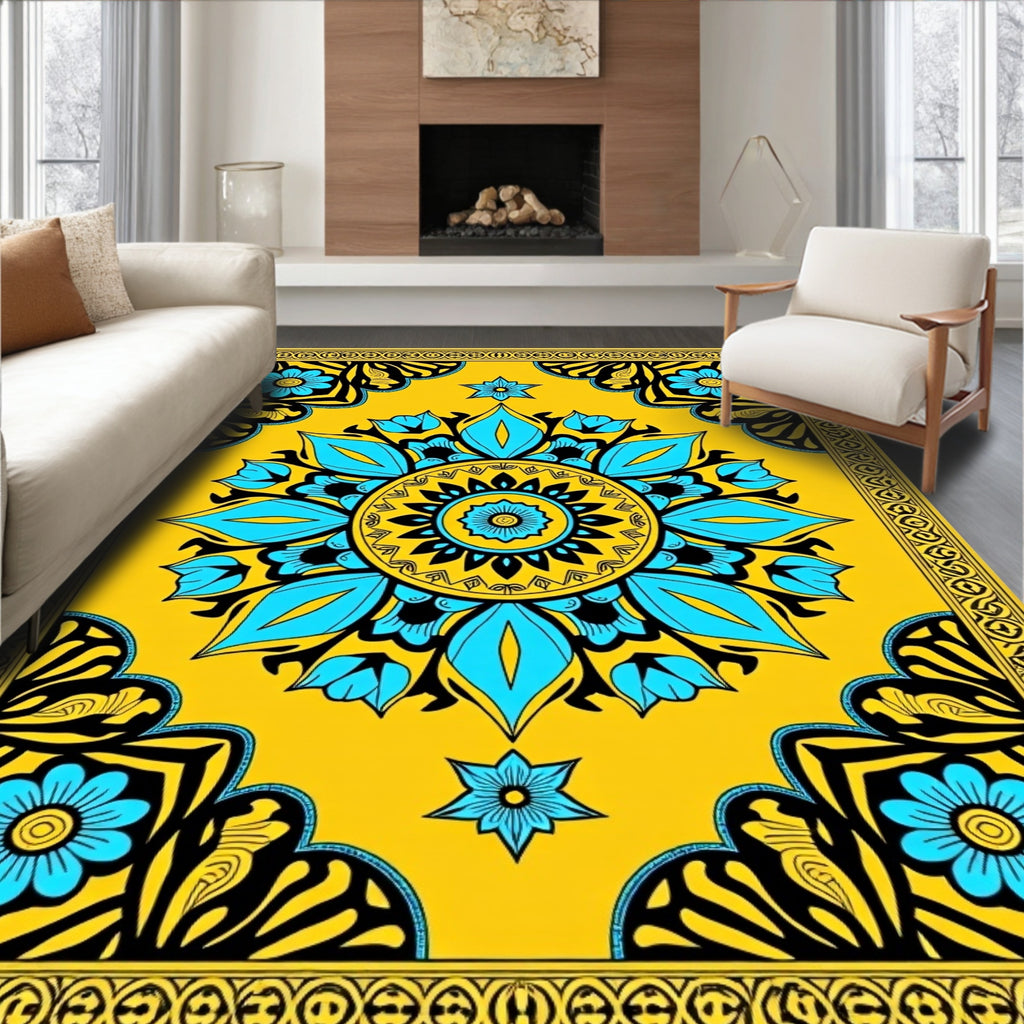 Vibrant Yellow Teal Medallion Floral Rug