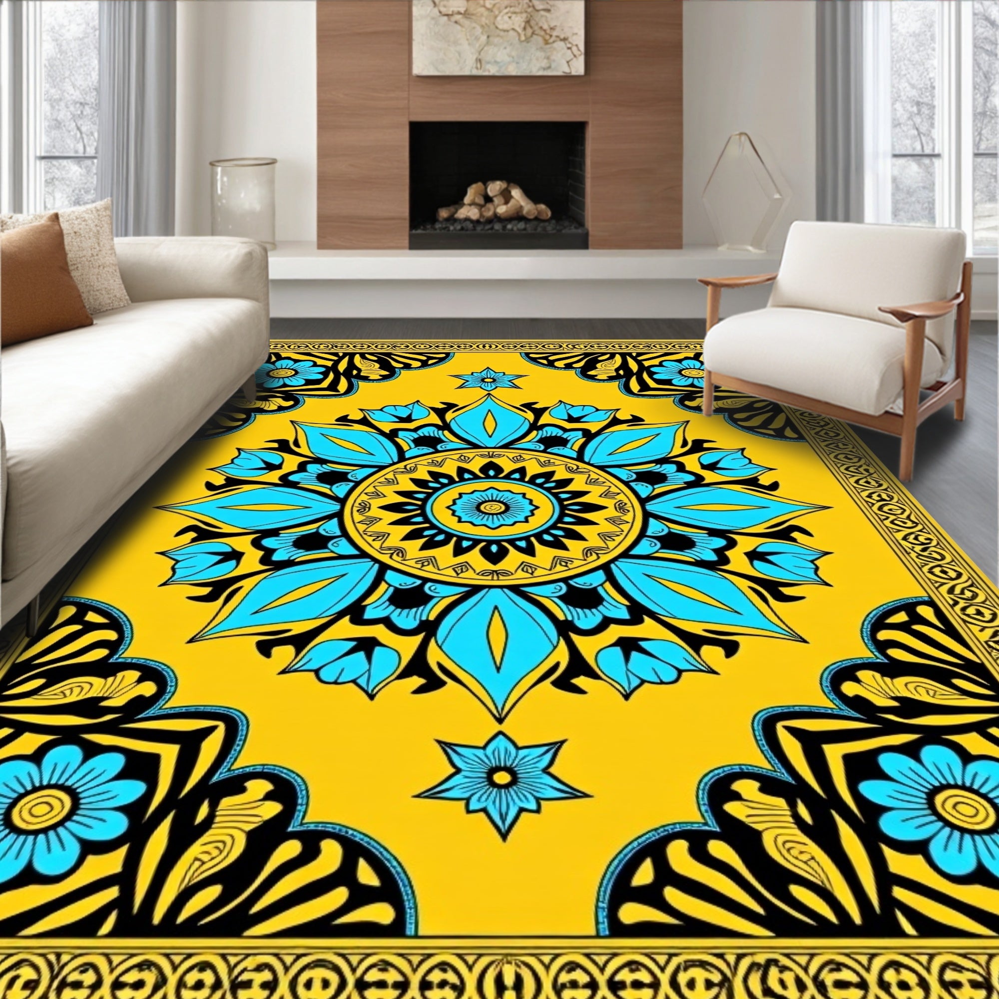 Vibrant Yellow Teal Medallion Floral Rug