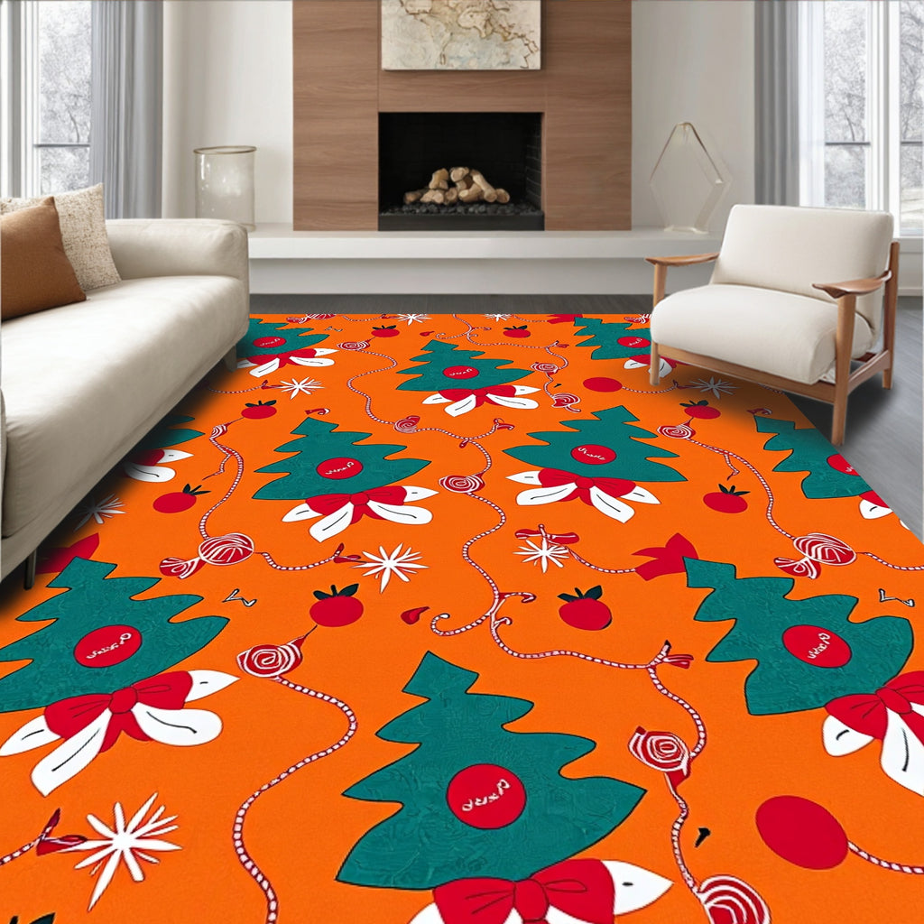 Teal Pine Tree Red Holly Berry Swirls Rug