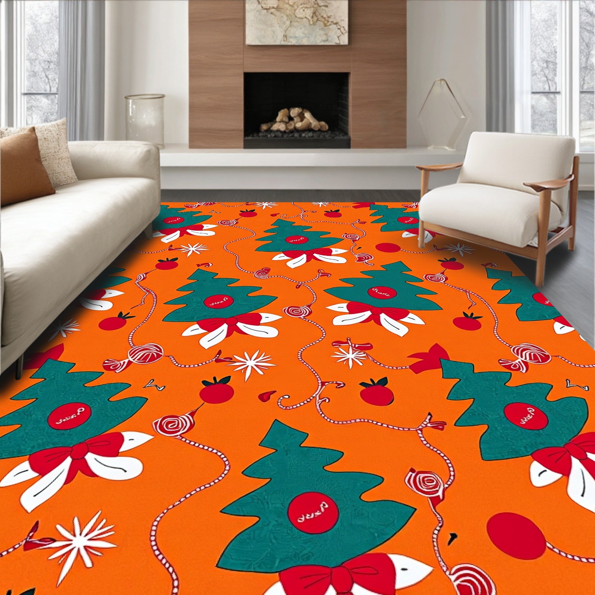 Teal Pine Tree Red Holly Berry Swirls Rug