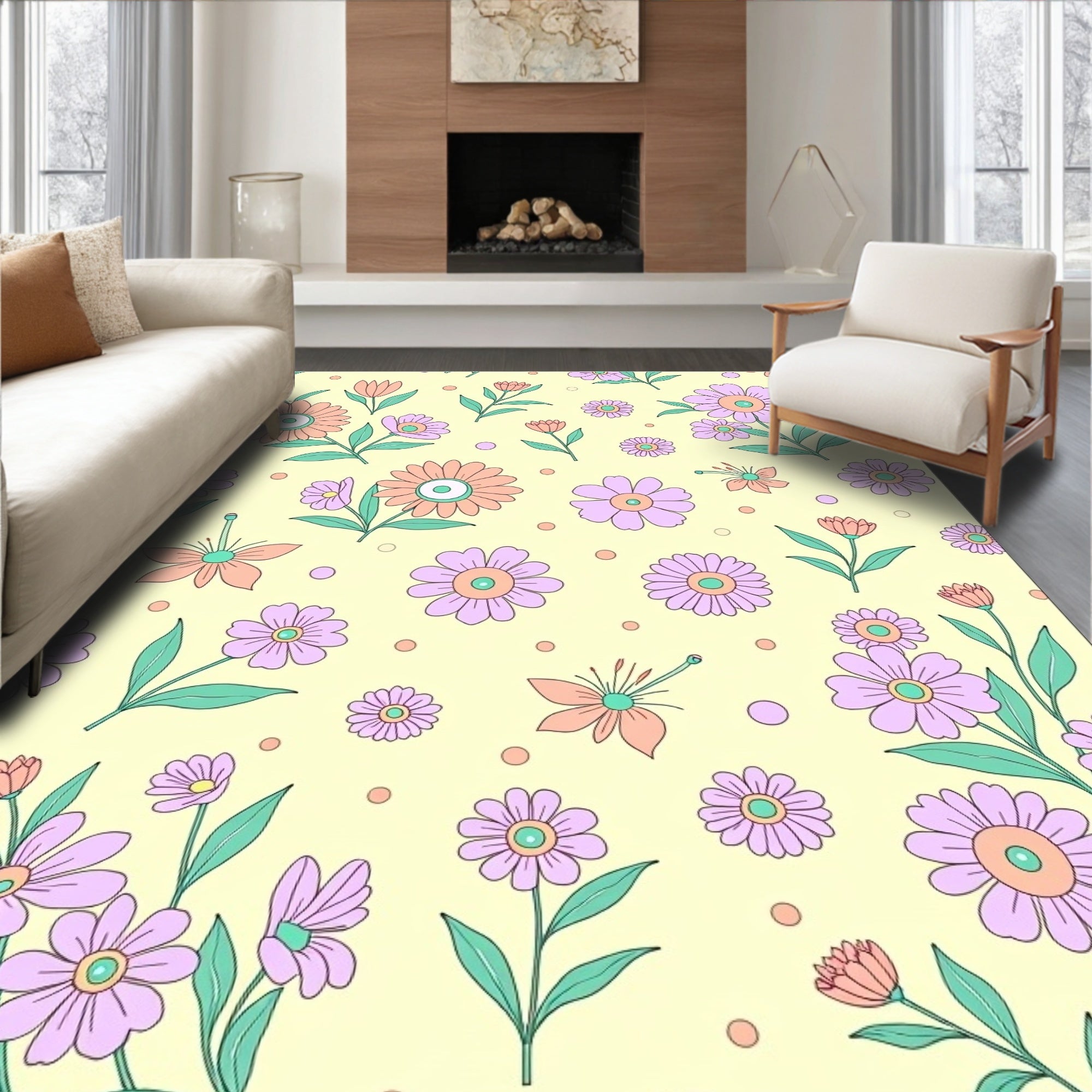 Soft Peach Mint Daisy Floral Field Rug