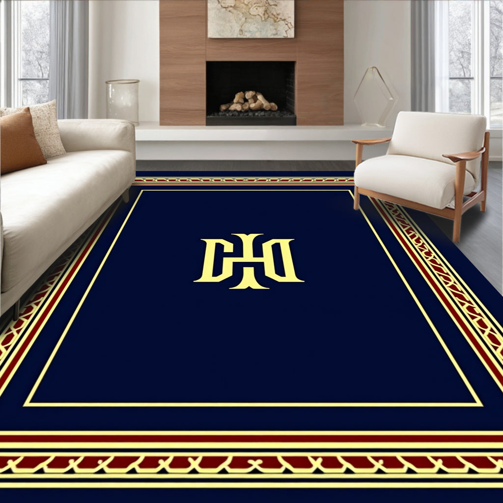 Regal Navy Gold Crimson Monogram Border Rug