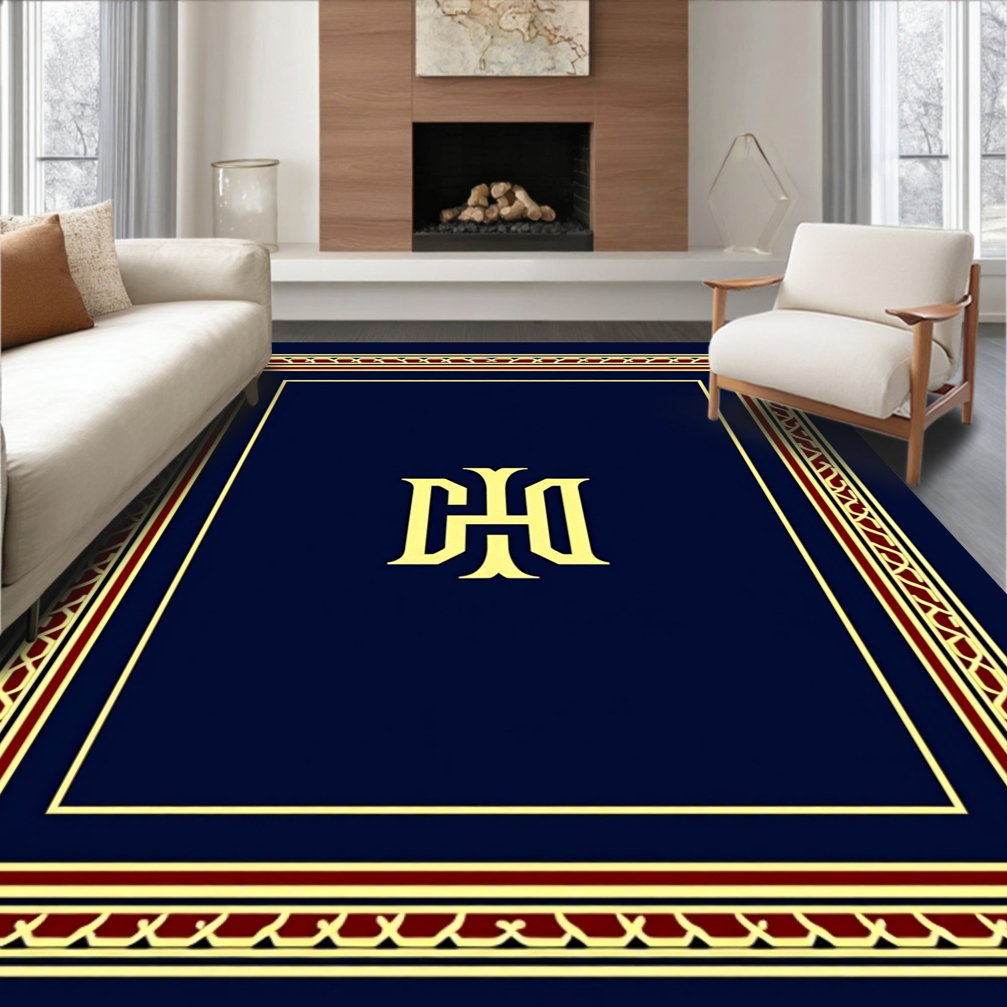 Regal Navy Gold Crimson Monogram Border Rug