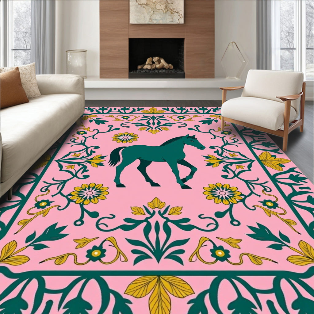 Teal Horse Pink Floral Vine Rug
