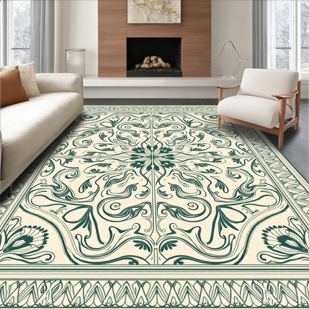 Art Nouveau Teal Floral Scroll Meadow Rug