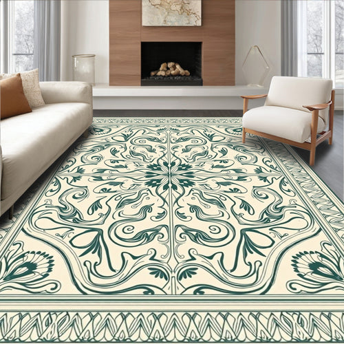 Art Nouveau Teal Floral Scroll Meadow Rug