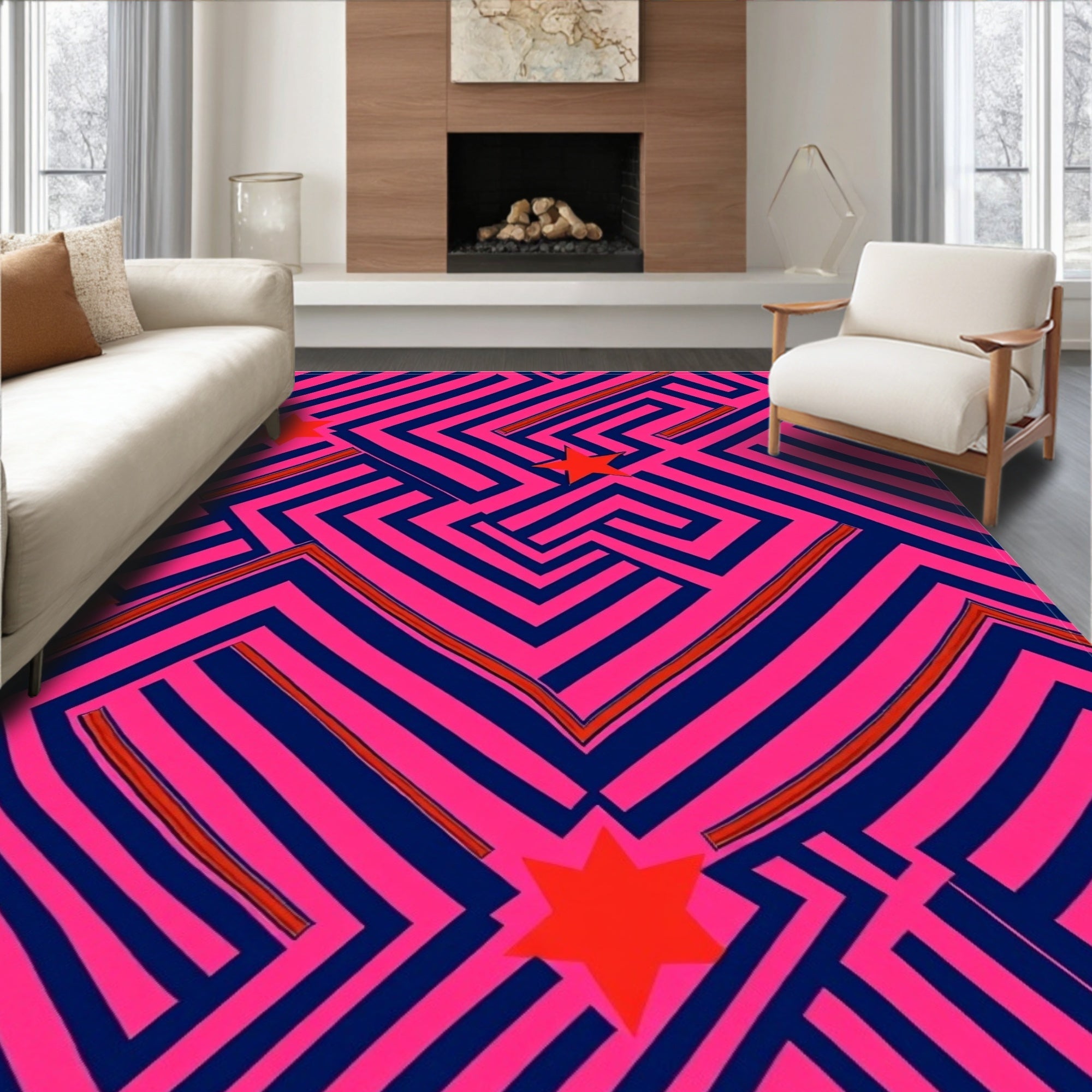 Vibrant Pink Navy Maze Stars Rug