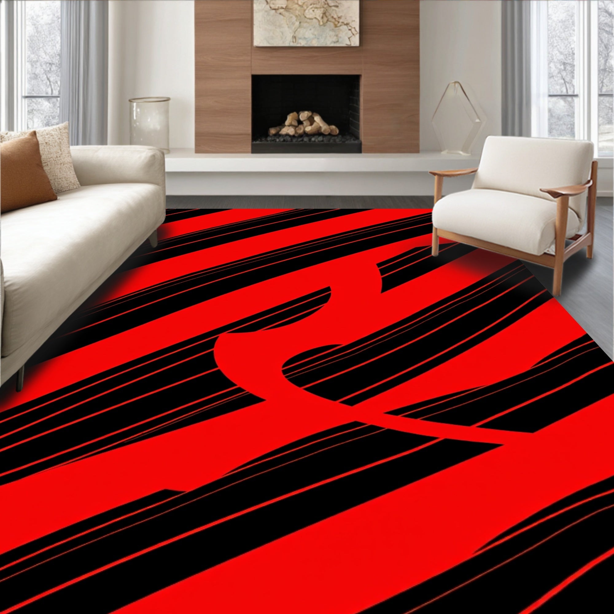 Bold Red Diagonal Stripe Swirl Rug