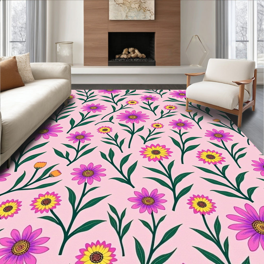 Pink Floral Garden Daisy Blooms Rug