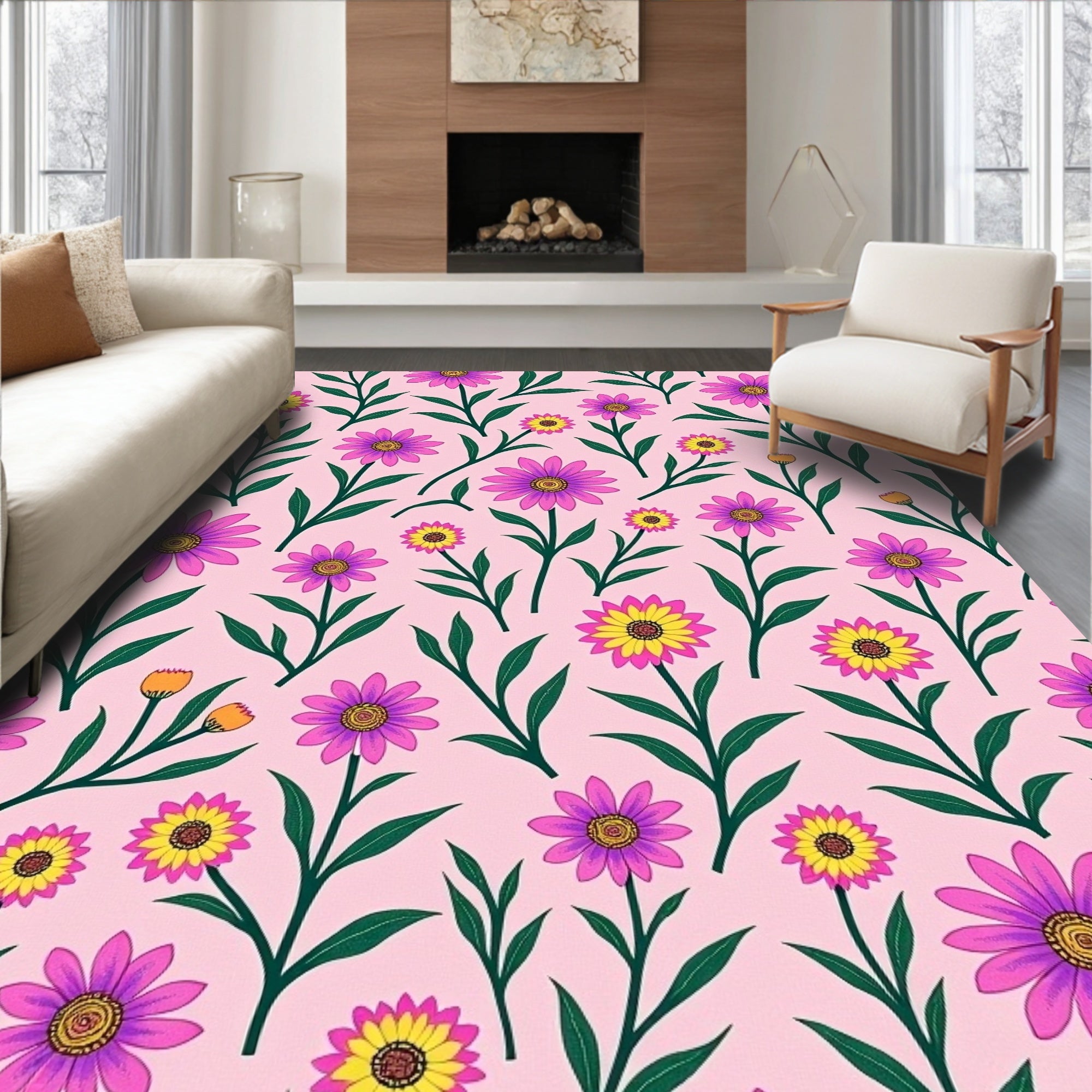 Pink Floral Garden Daisy Blooms Rug