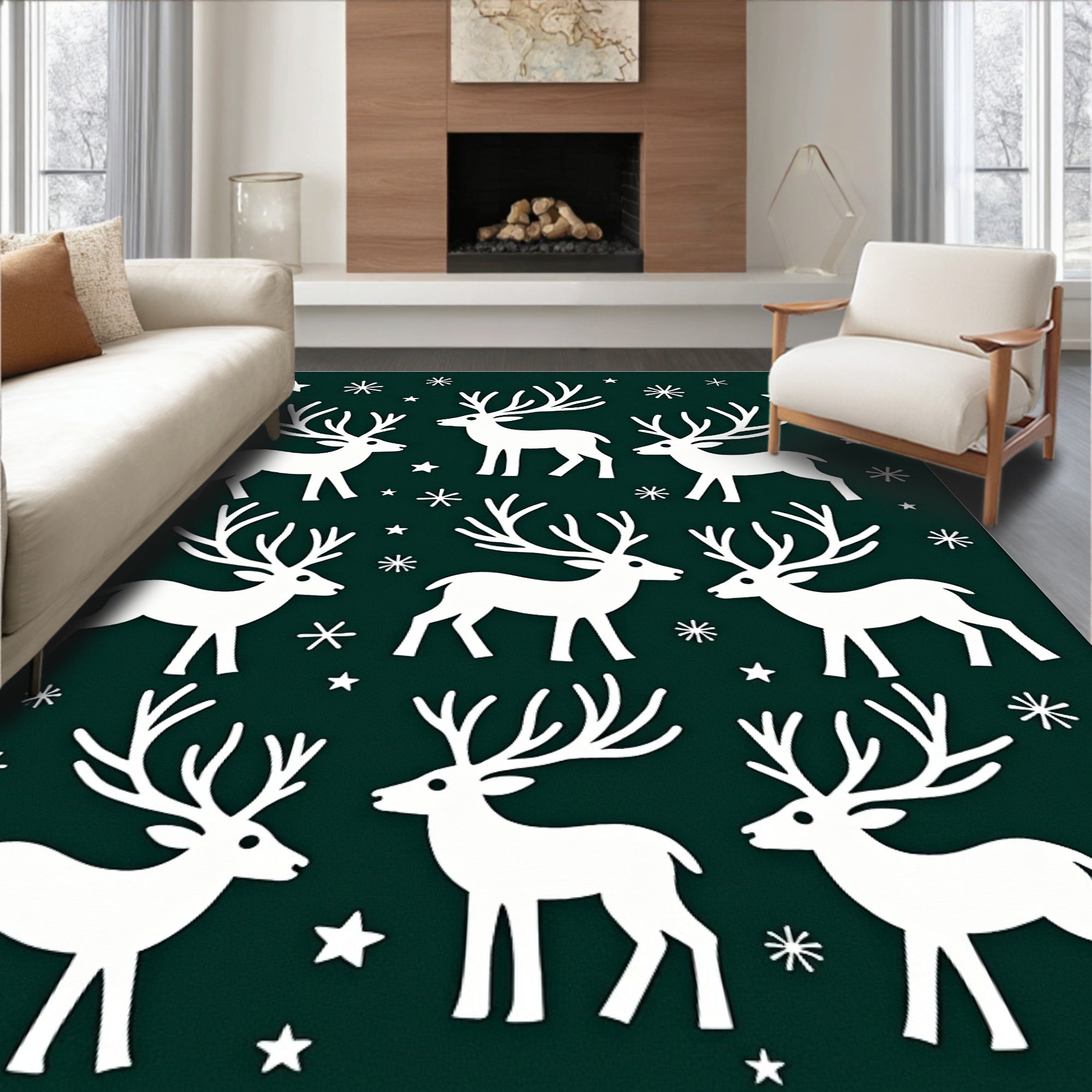 White Reindeer Stars Dark Green Field Rug