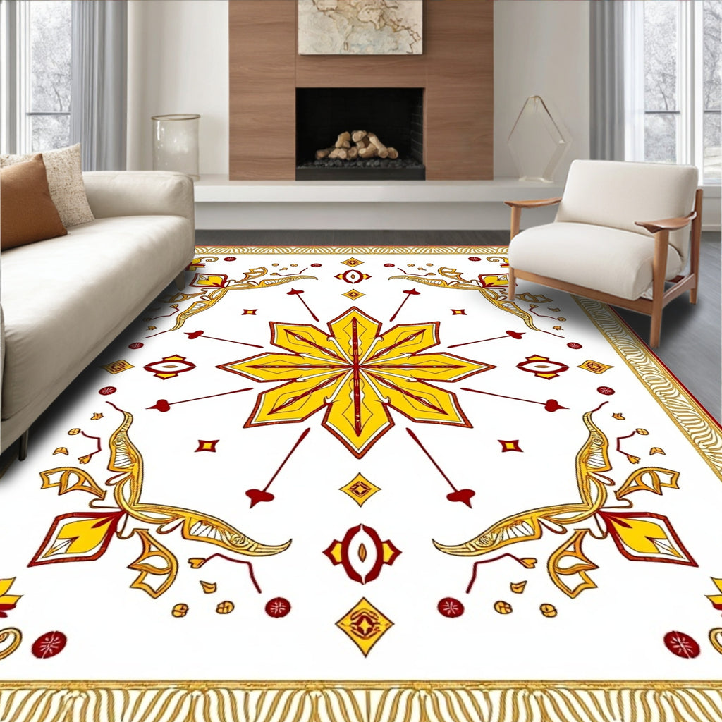Golden Yellow Red Starburst Medallion Rug