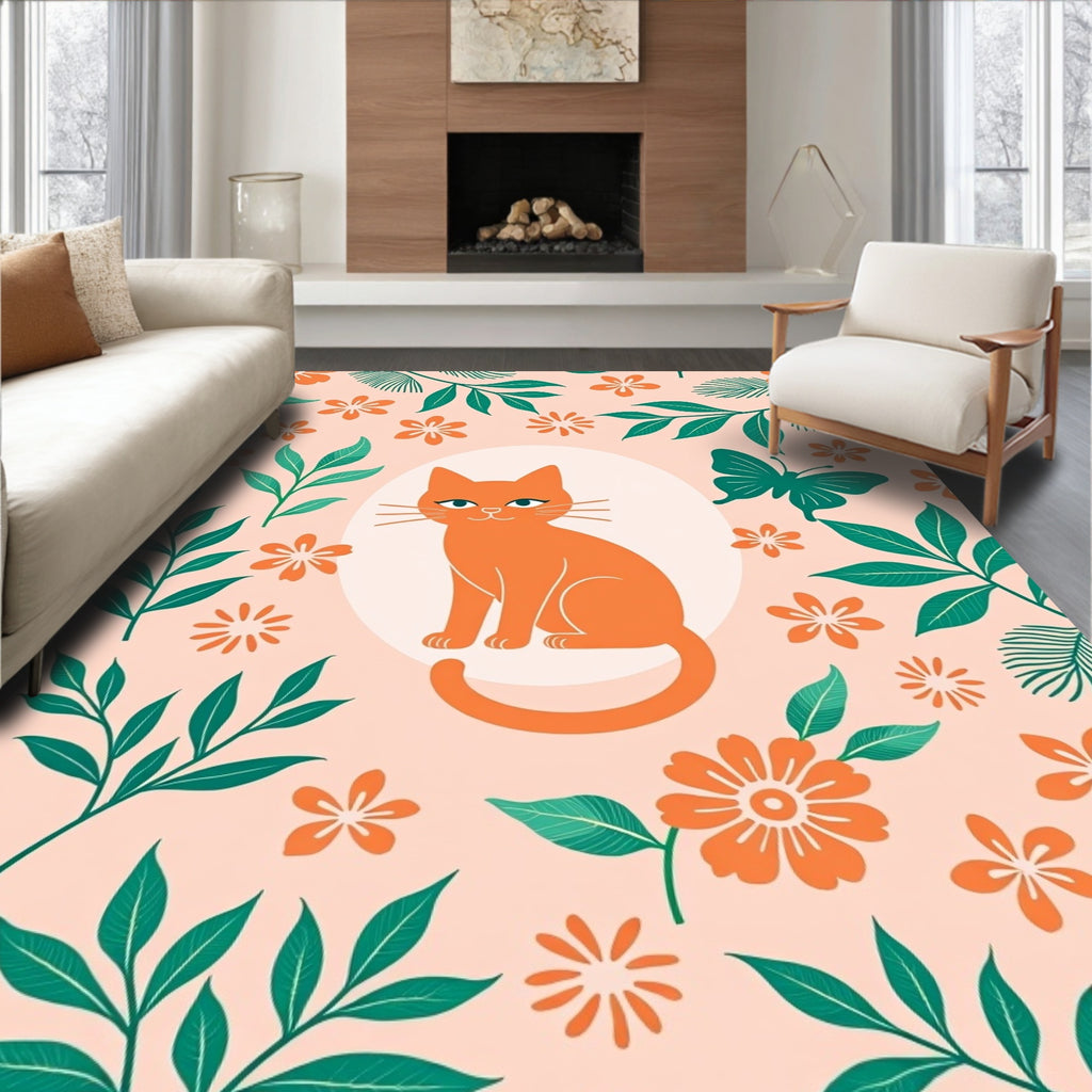 Orange Cat Floral Butterfly Whimsy Rug