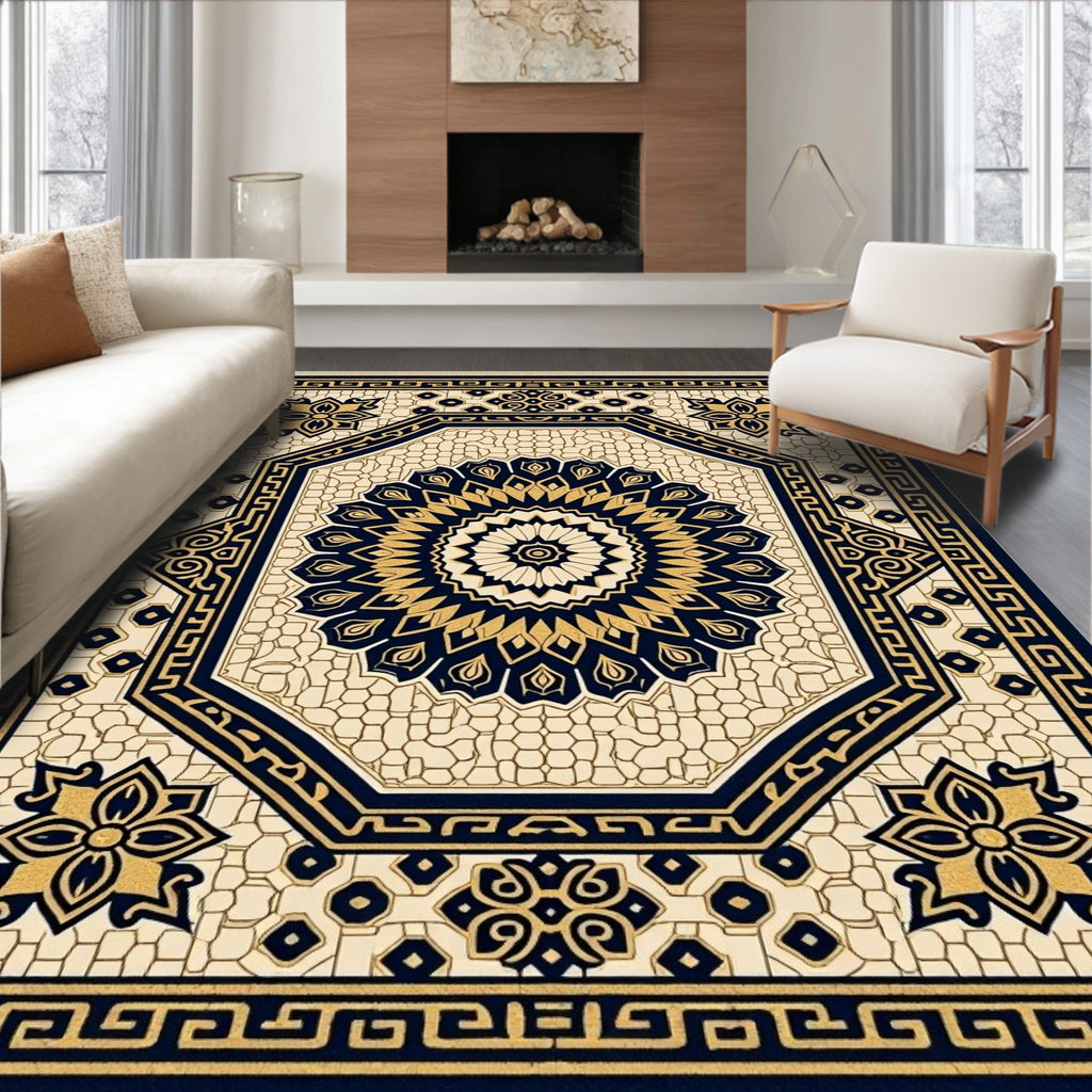 Navy Gold Octagonal Floral Medallion Rug