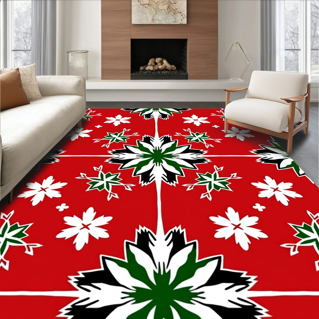 Red White Green Star Floral Medallion Rug