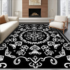 Black White Floral Medallion Mandala Rug