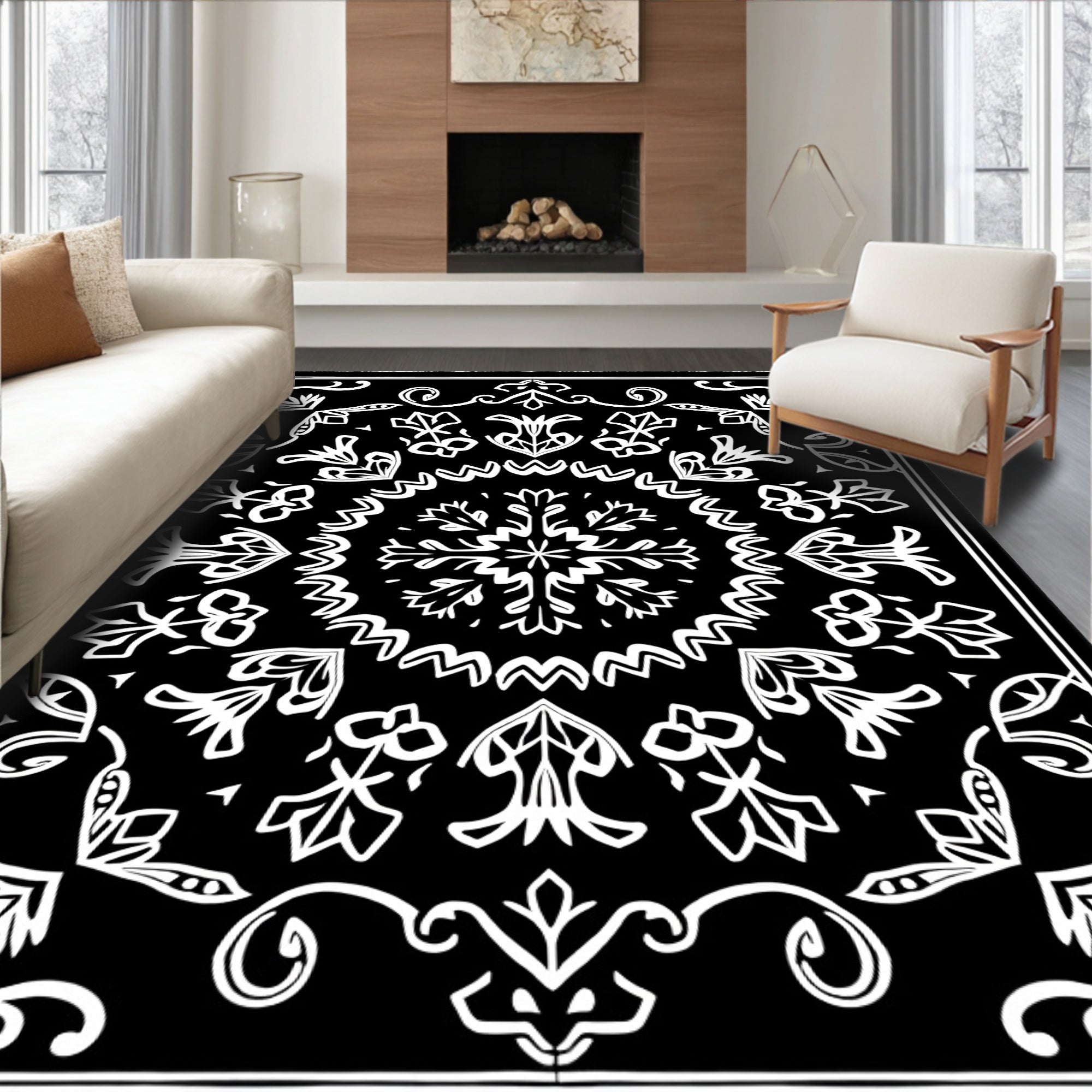 Black White Floral Medallion Mandala Rug