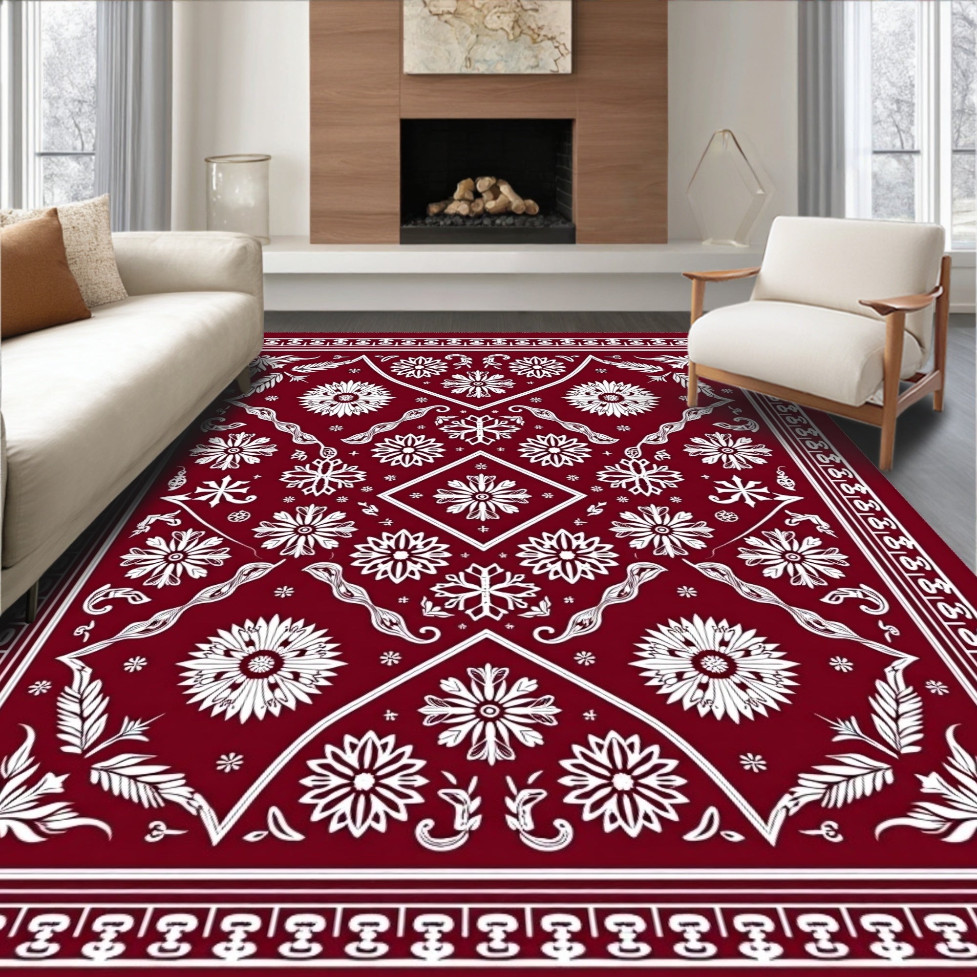 Crimson White Floral Tessellation Medallion Rug