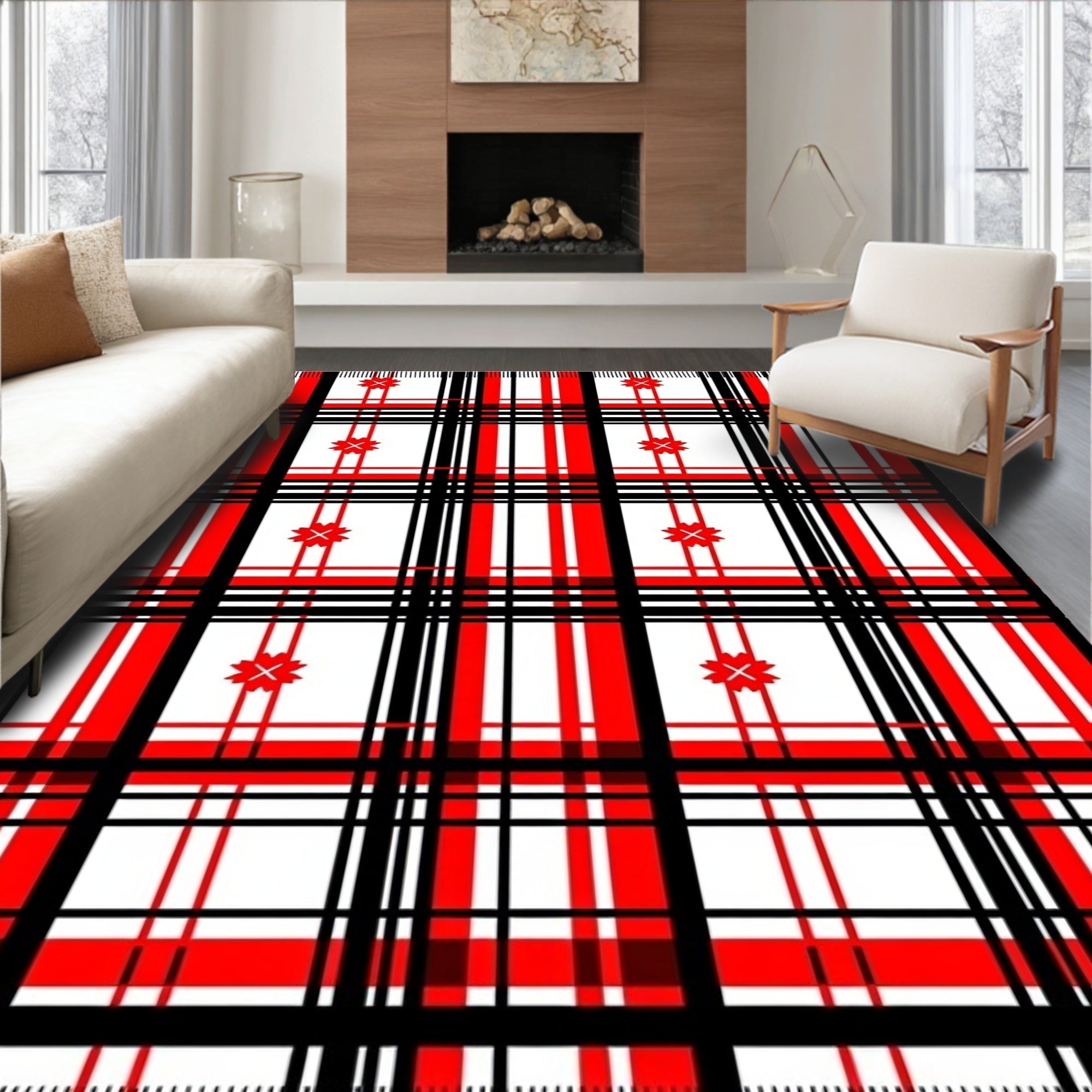 Bold Red Black Plaid Floral Accents Rug