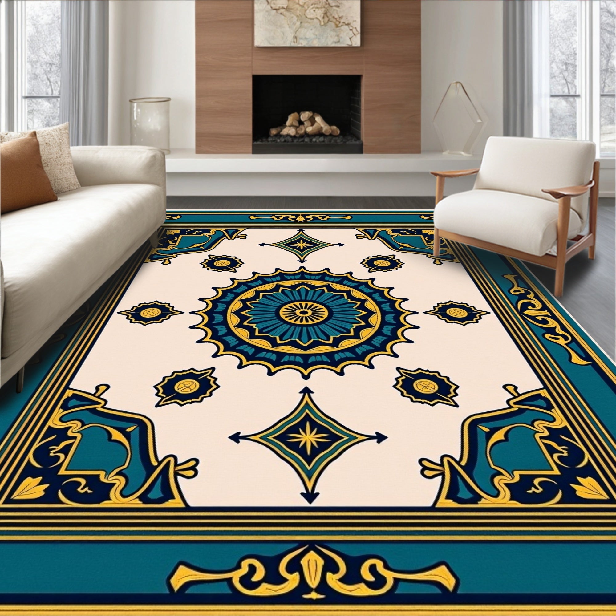 Teal and Yellow Medallion Mandala Rug