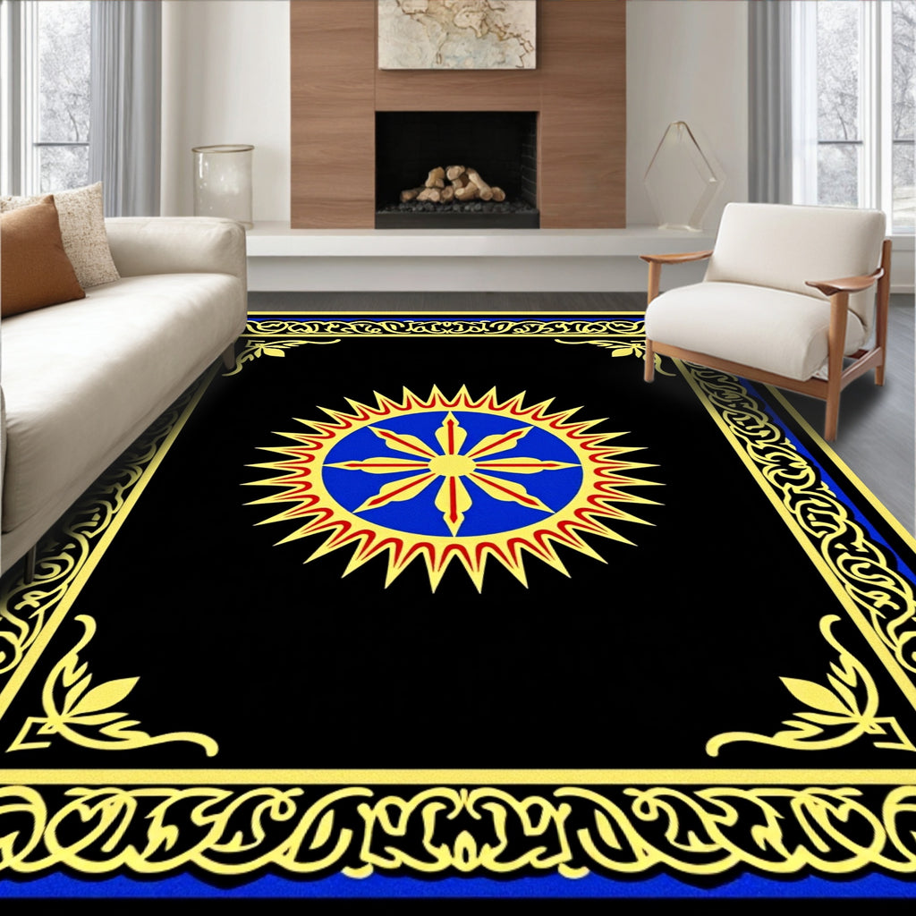 Golden Blue Sunburst Ornamental Frame Rug
