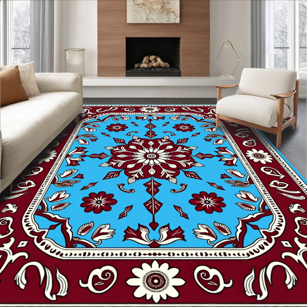 Red Floral Medallion Sky Blue Rug