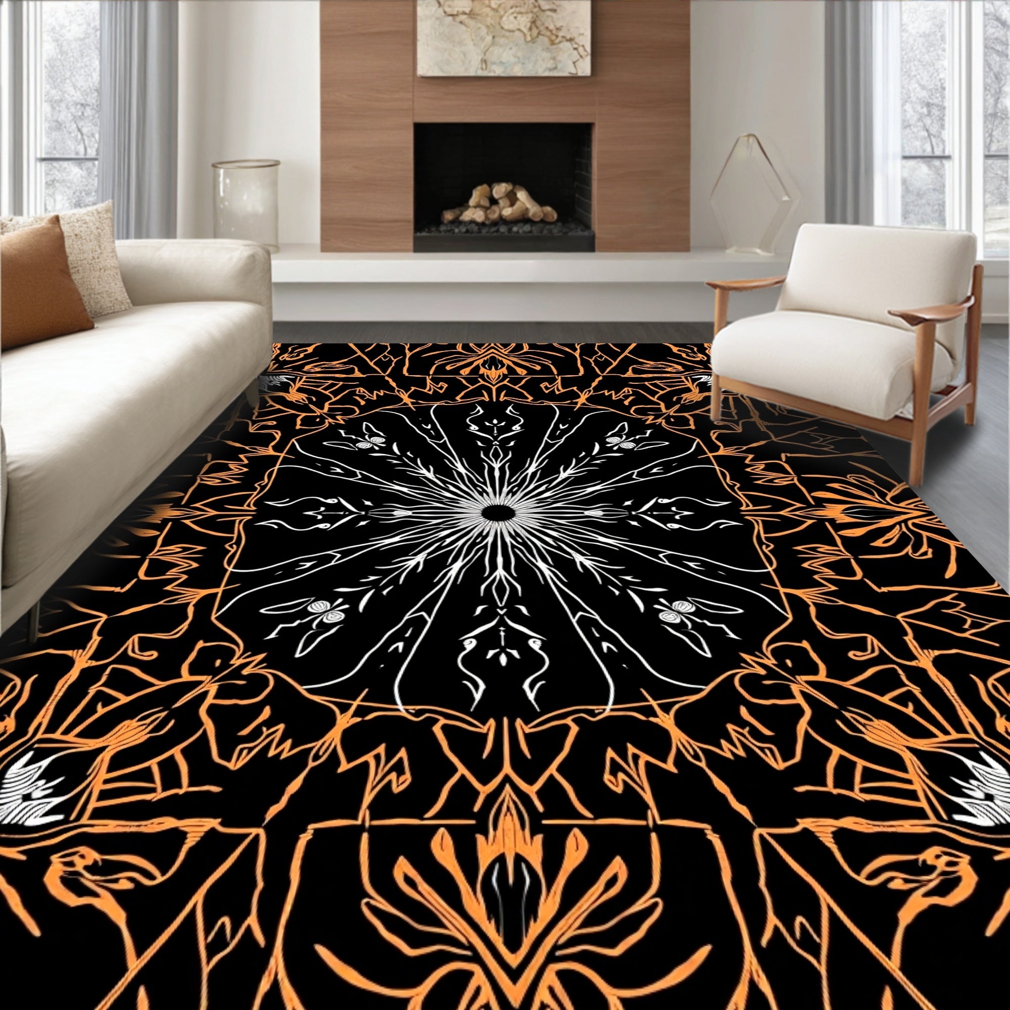 Bold Orange and White Radial Burst Rug