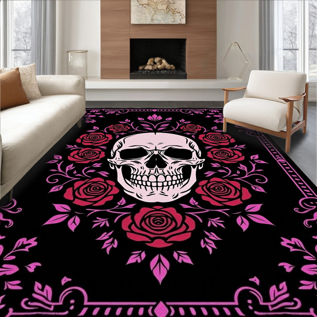 Pink Skull Red Roses Floral Border Rug