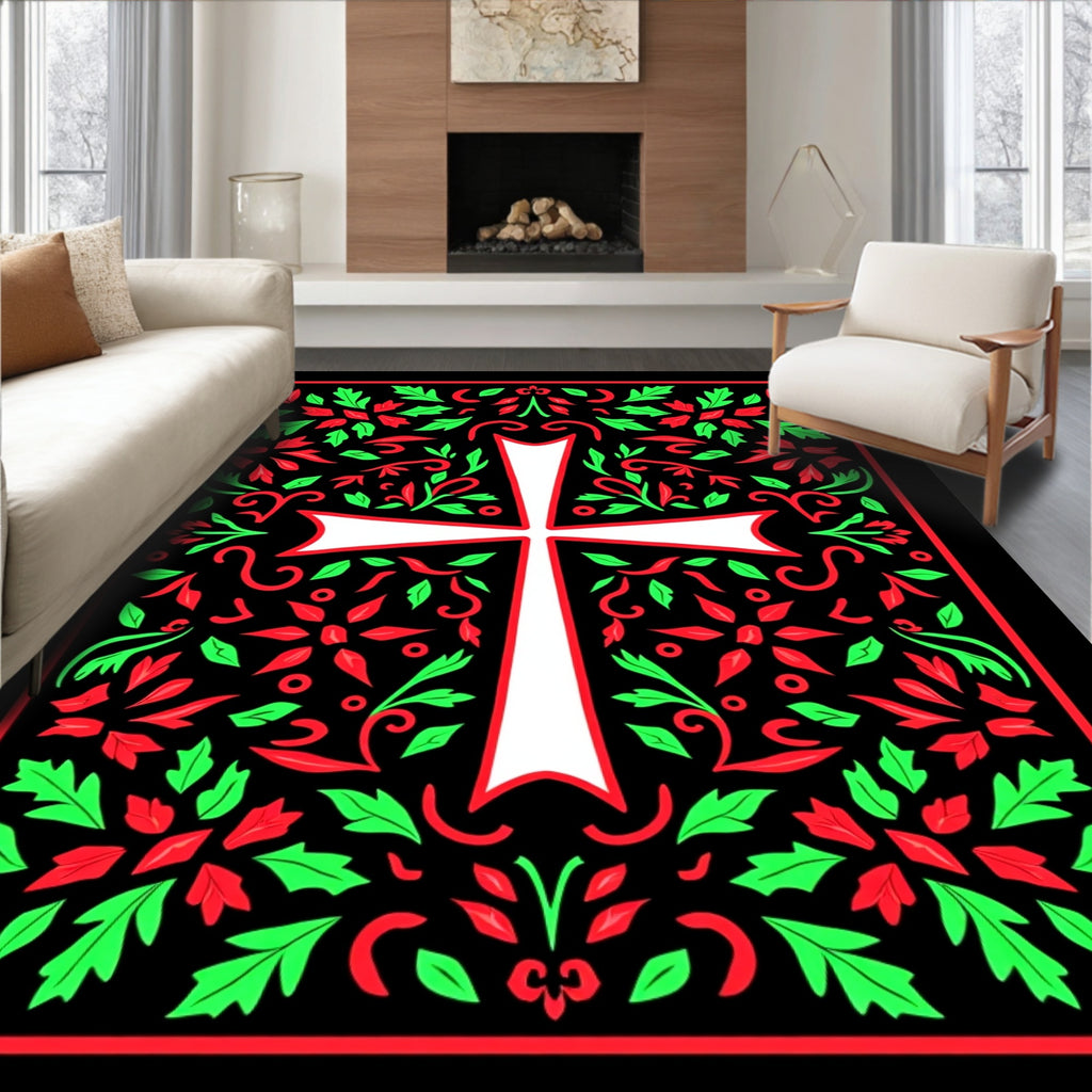 Floral Cross Red Green Black Icon Rug