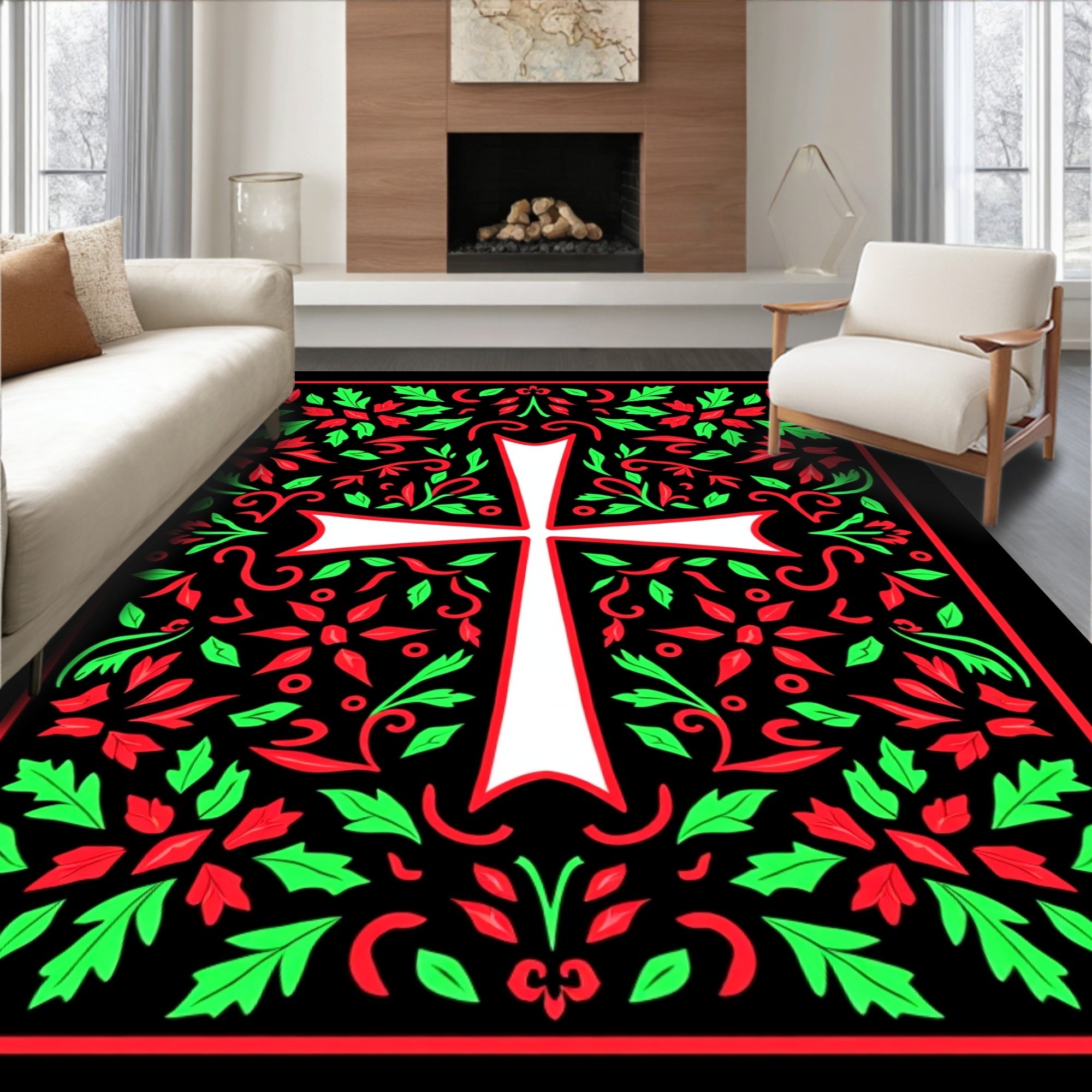 Floral Cross Red Green Black Icon Rug