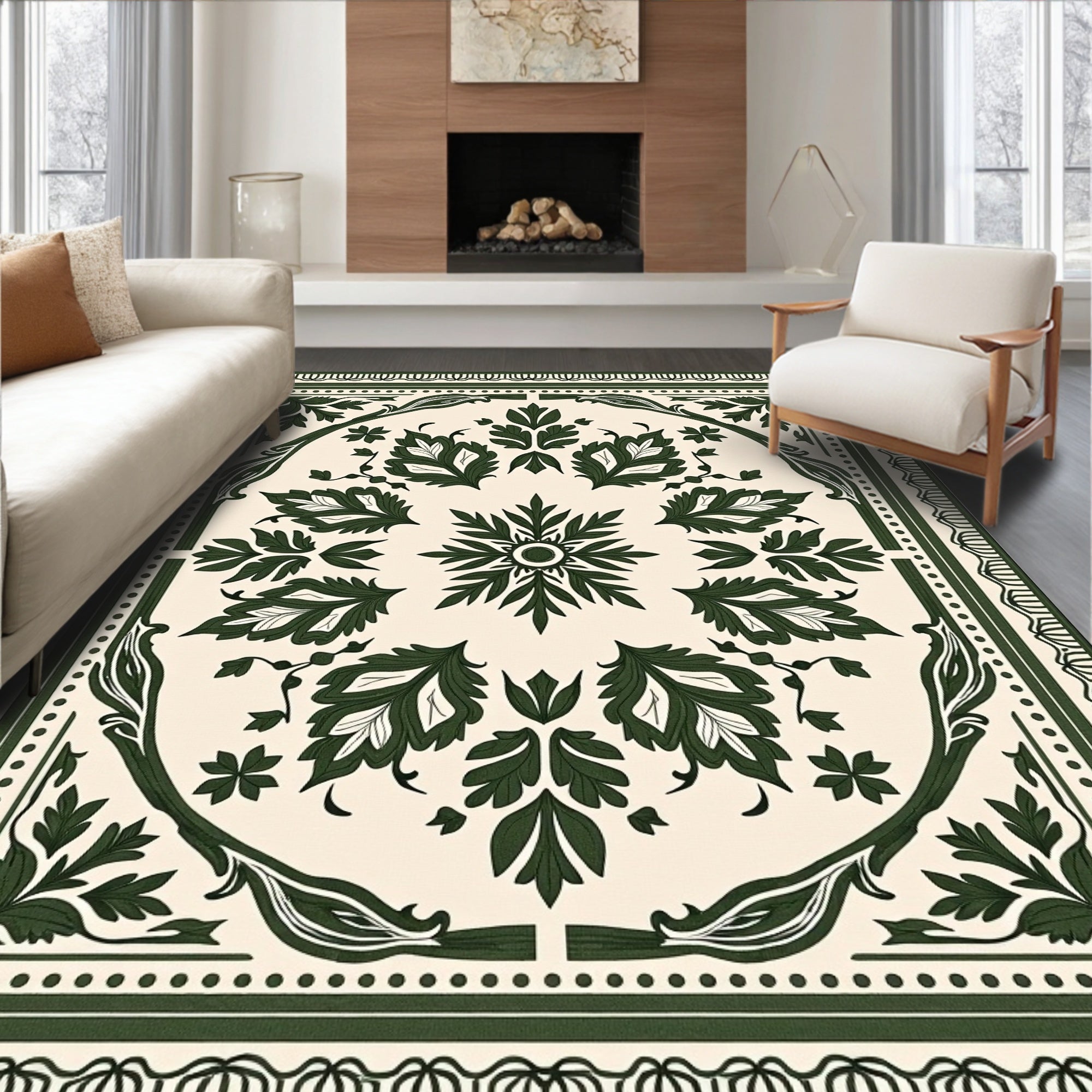 Emerald Leaves Ornate Centerpiece Rug