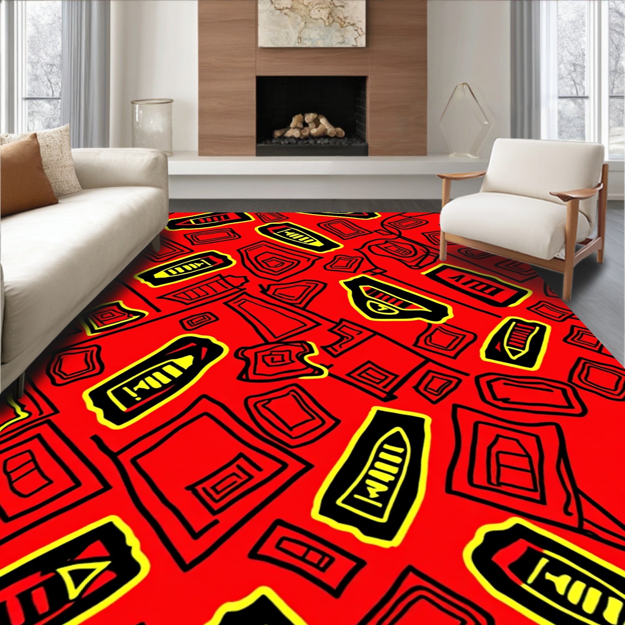 Bold Red Abstract Geometric Shapes Rug