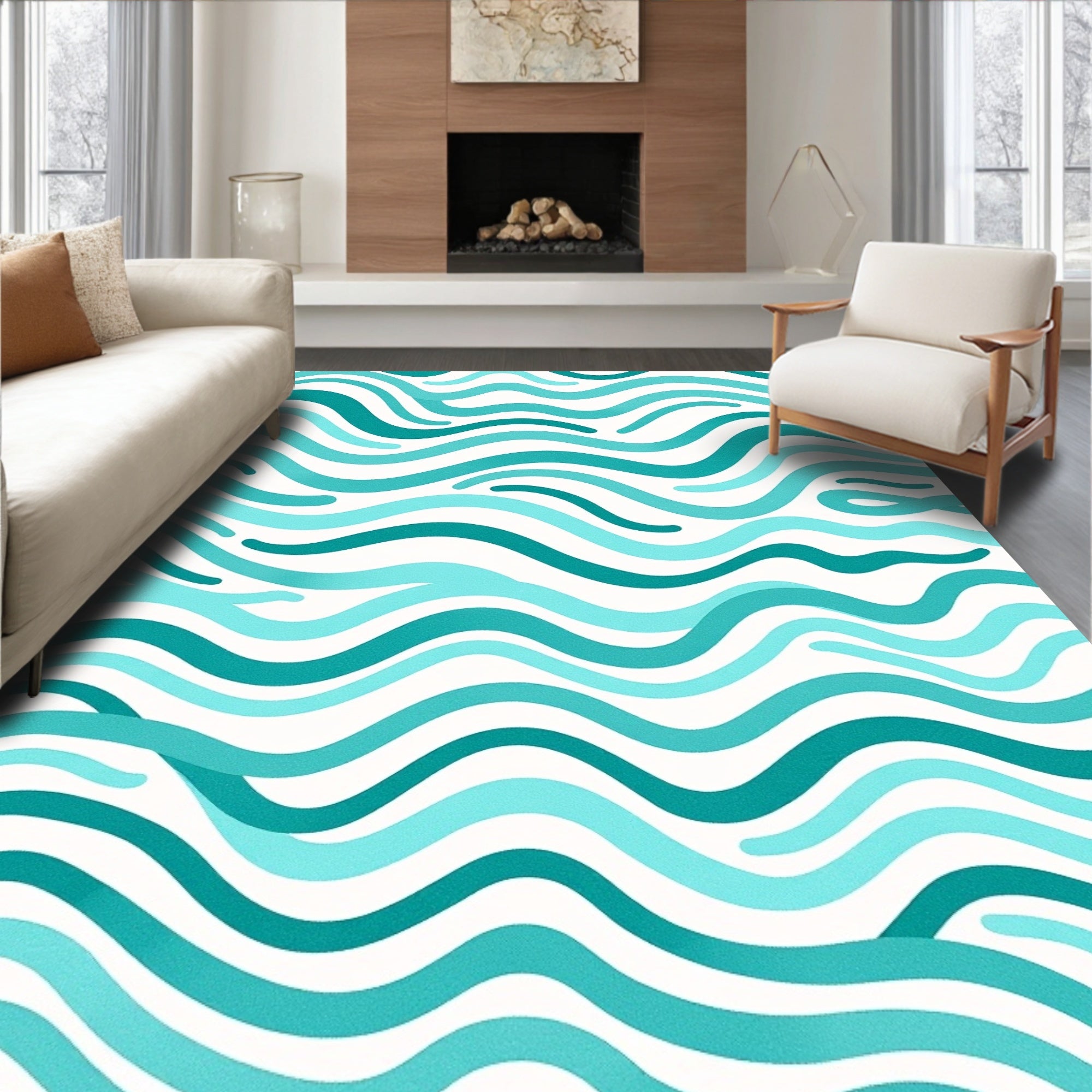 Teal Aqua Curved Stripes Rug