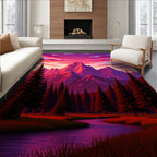 Dramatic Pink Mountain Sunset Forest Scene Rug